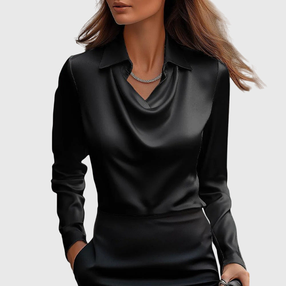 Cora | Women's Satin Blouse Cream Cowl Neck Long Sleeve