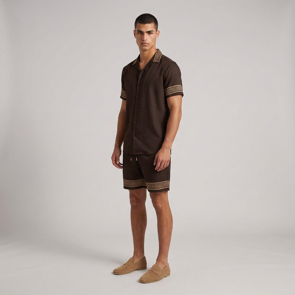 Dama Washington Axel geometric pattern shirt and shorts set Brown - full outfit model view