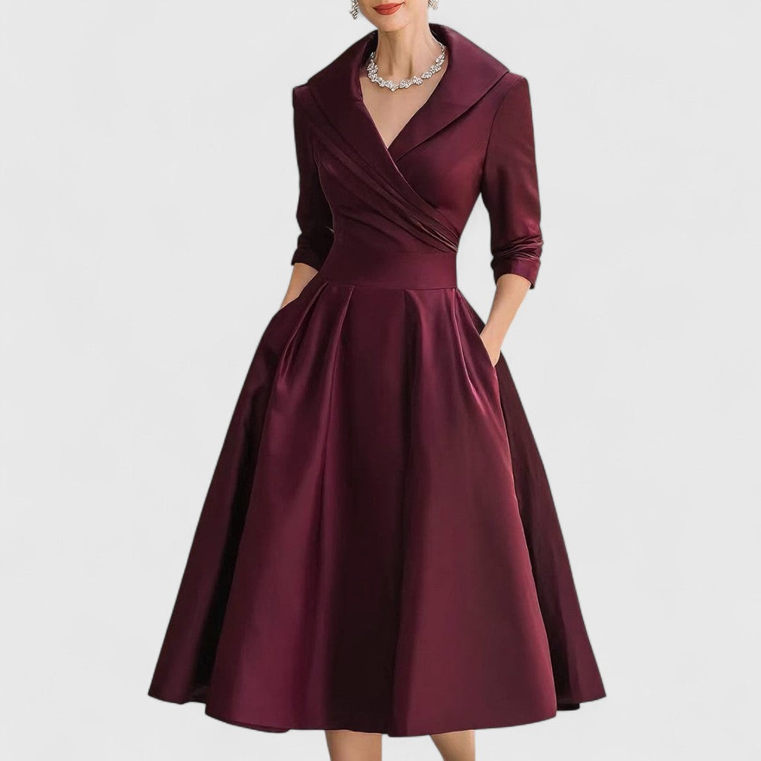 Vera | Women's A Line Midi Dress Navy Three Quarter Sleeve