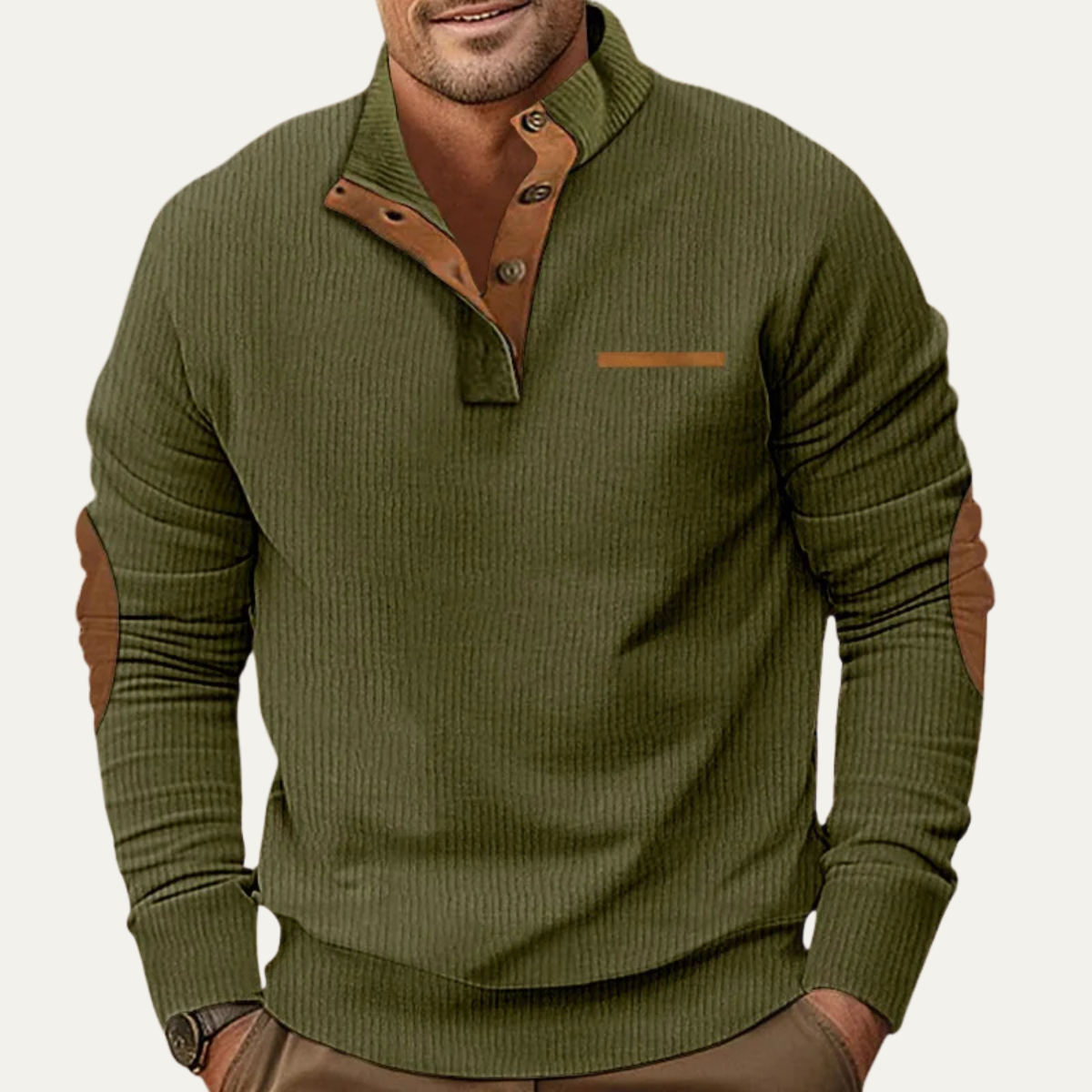 Beau | Men's Henley Sweater Black Ribbed Knit Elbow Patch