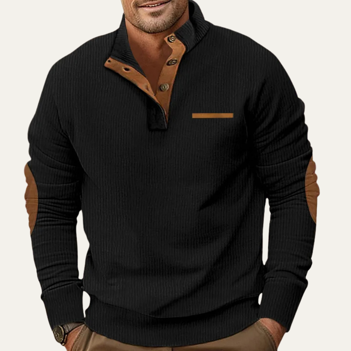 Beau | Men's Henley Sweater Black Ribbed Knit Elbow Patch