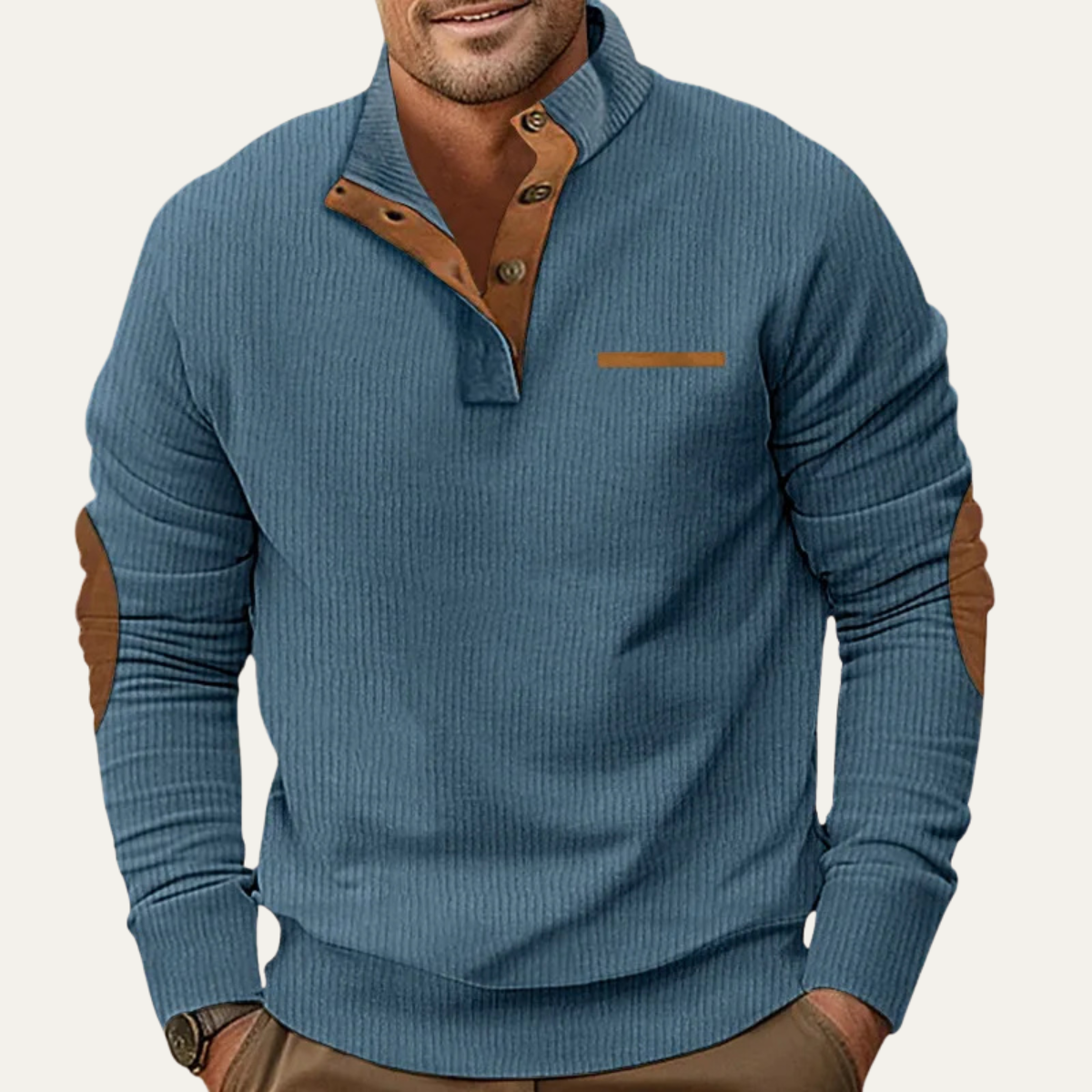 Beau | Men's Henley Sweater Black Ribbed Knit Elbow Patch