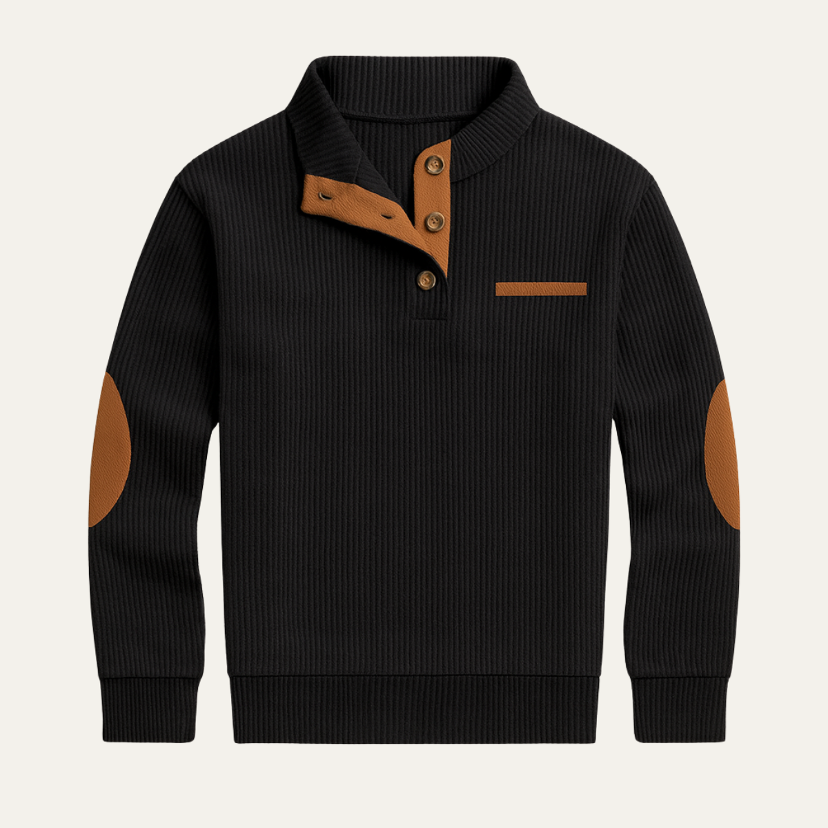 Beau | Men's Henley Sweater Black Ribbed Knit Elbow Patch