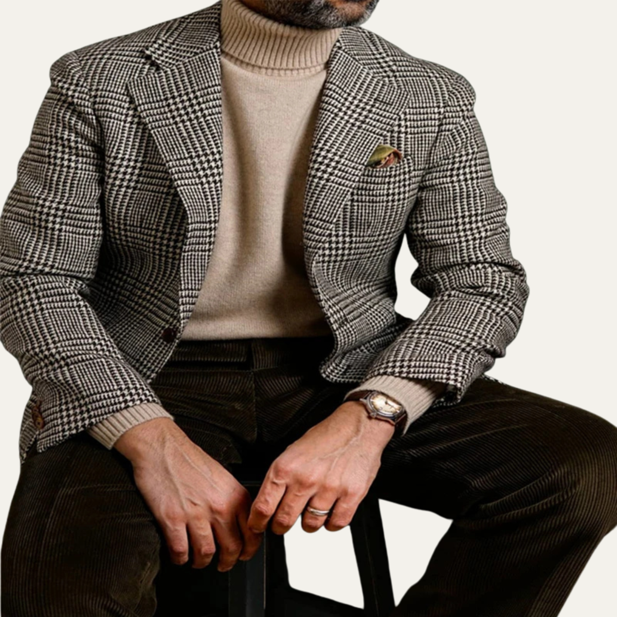 Rhys | Men's Check Blazer Cream Houndstooth Classic Fit