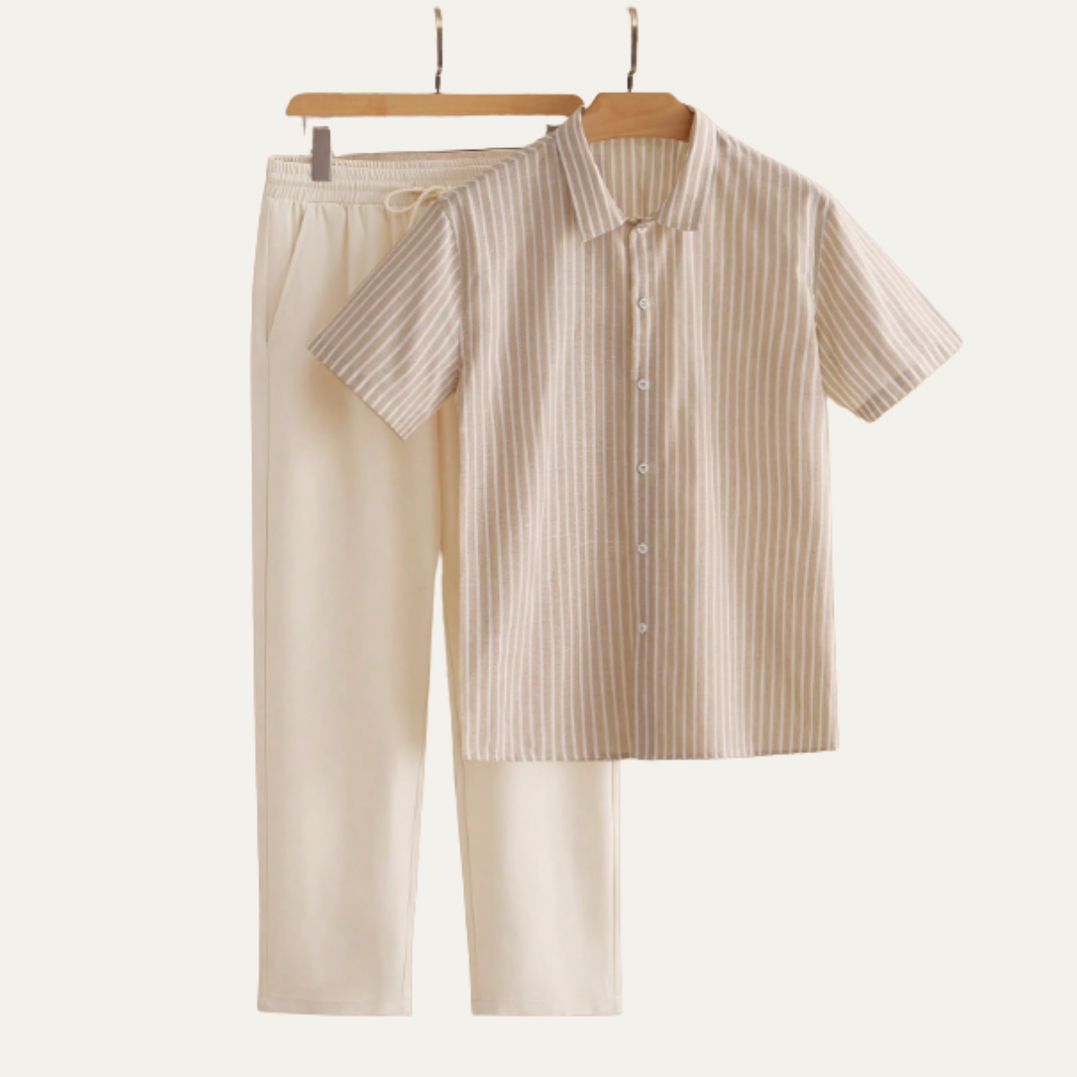 Callum | Men's Casual Linen Set Cream Short Sleeve Button Up Shirt And Beige Pants
