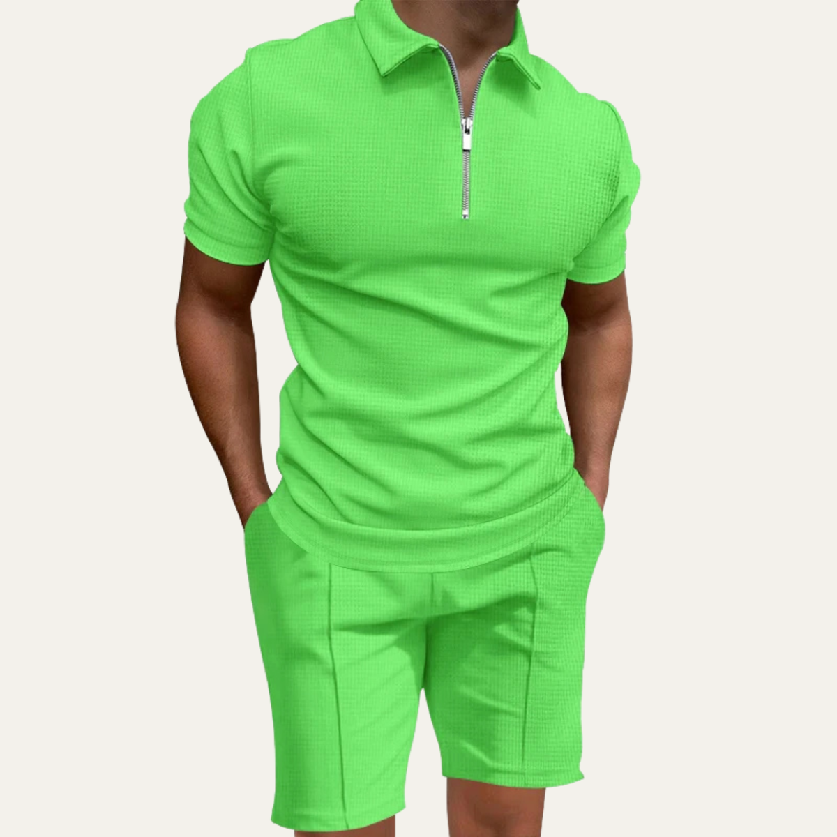 Axel | Men's Sweatsuit Green Textured Polo Shirt Shorts Set