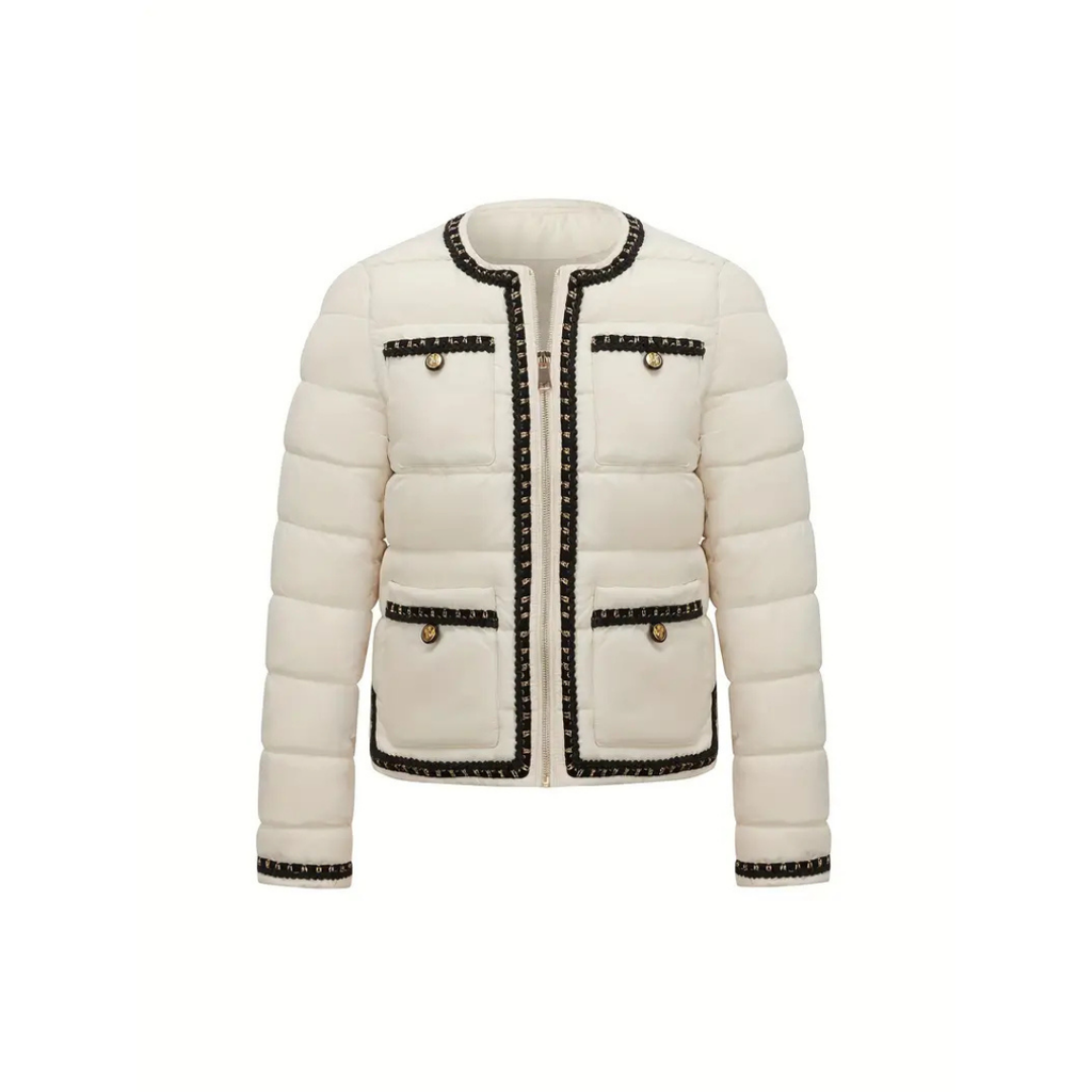 Dama Washington Cleo women's cropped puffer jacket cream black trim - front view