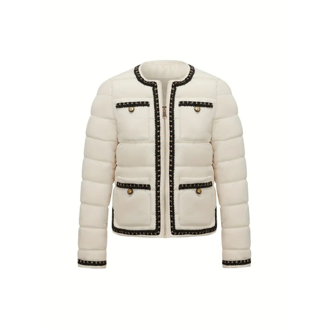 Cleo | Women's Cropped Puffer Jacket Cream Black Trim