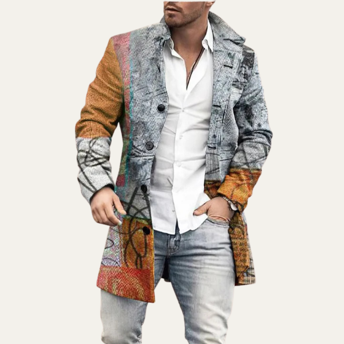 Bram | Men's Houndstooth Patchwork Coat Red And Cream