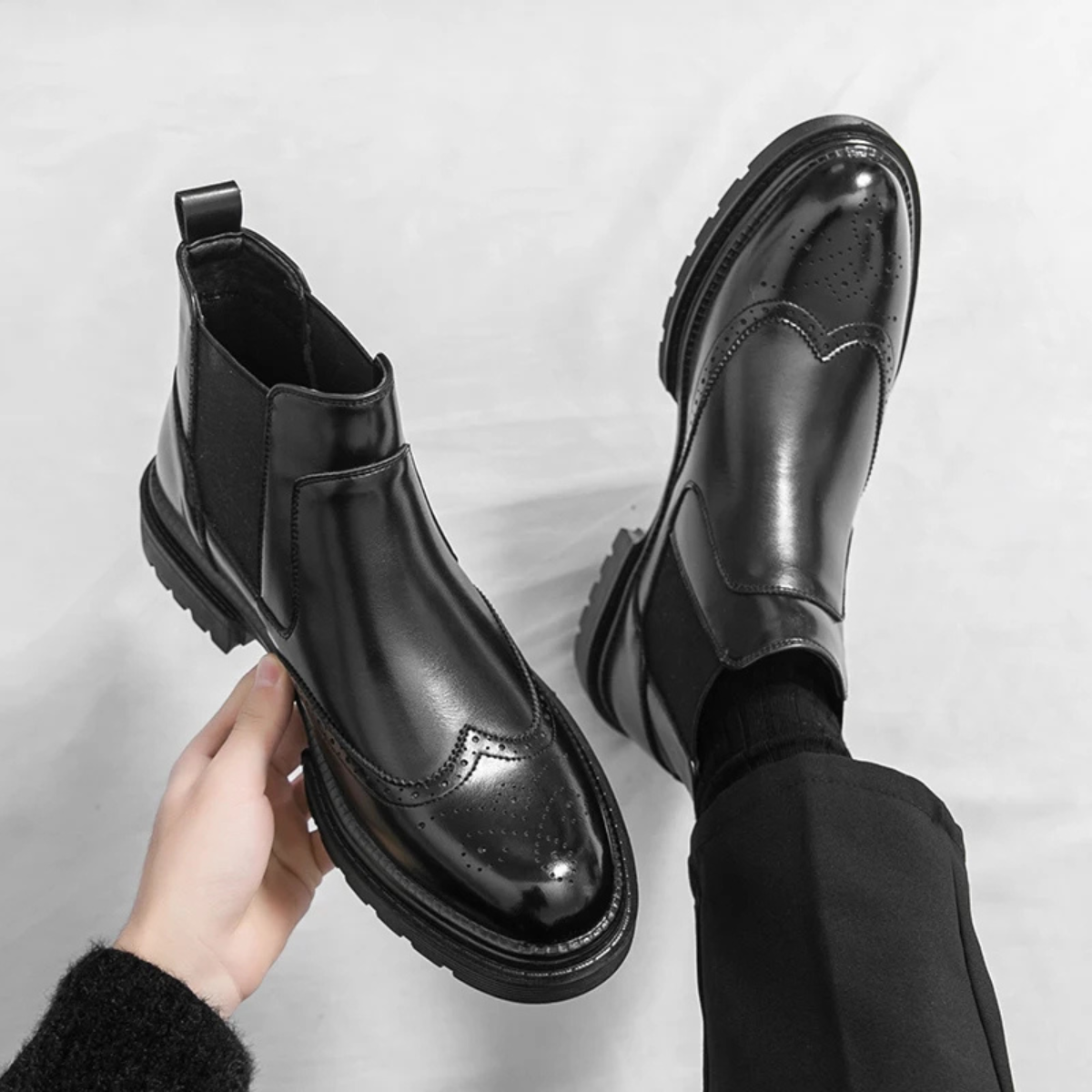 Axel | Men's Brogue Chelsea Boots Brown Leather Lug Sole