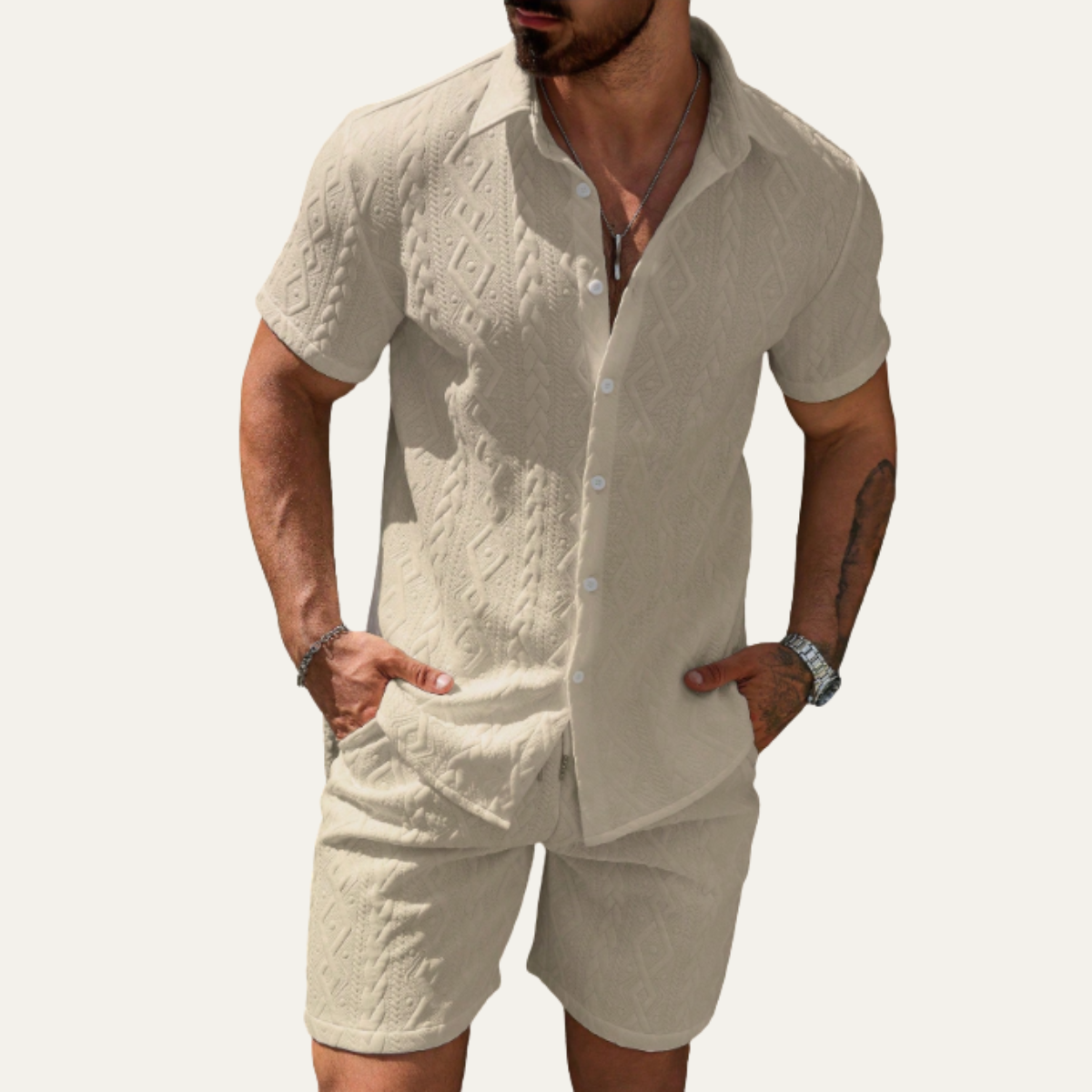 Kai | Men's Textured Cable Knit Sweatsuit Cream Short Sleeve