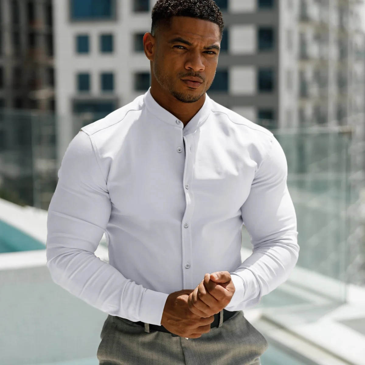 Sage | Men's Fitted Stand Collar Dress Shirt White Long Sleeve