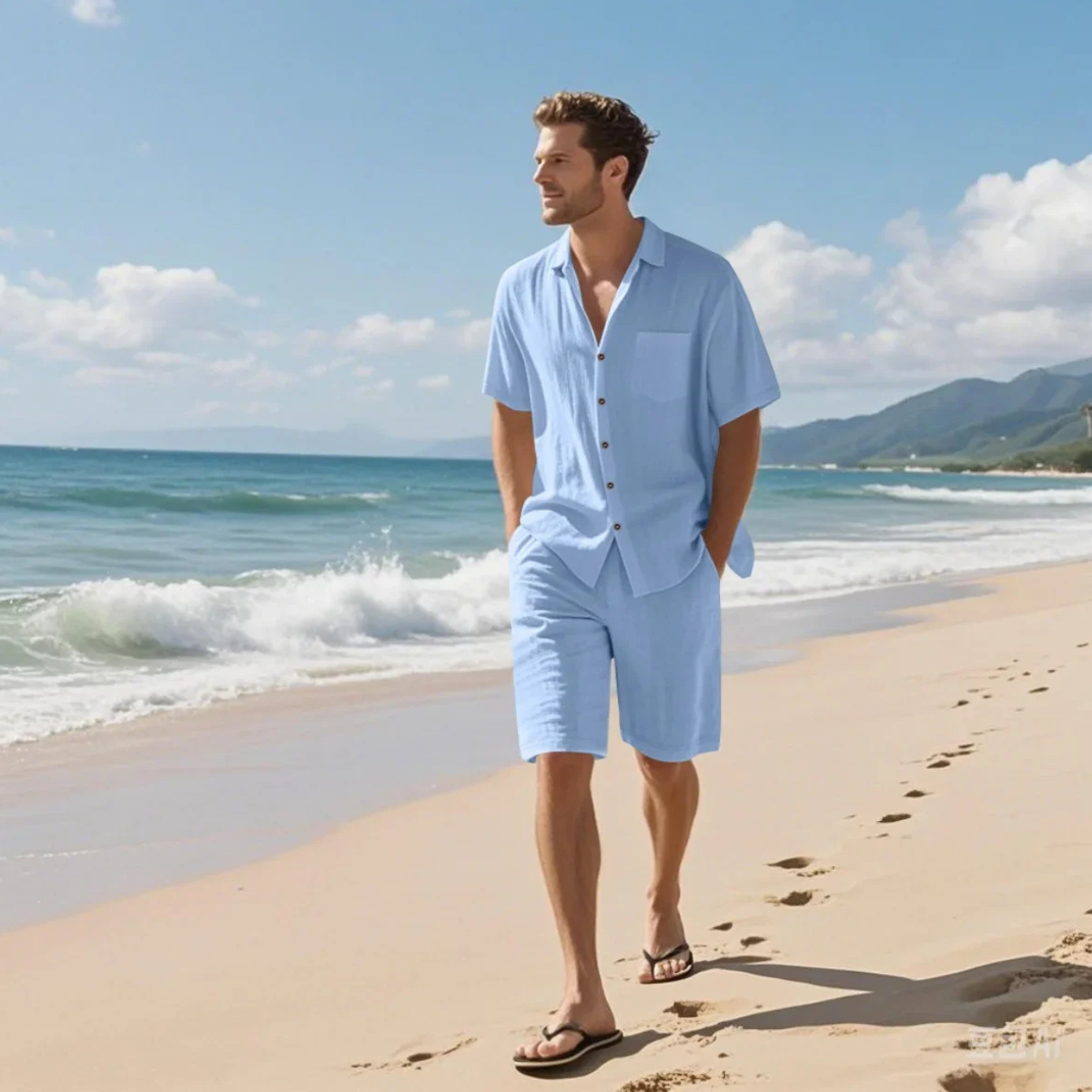 Dama Washington Luca men's casual linen shirt shorts set cream - view 2