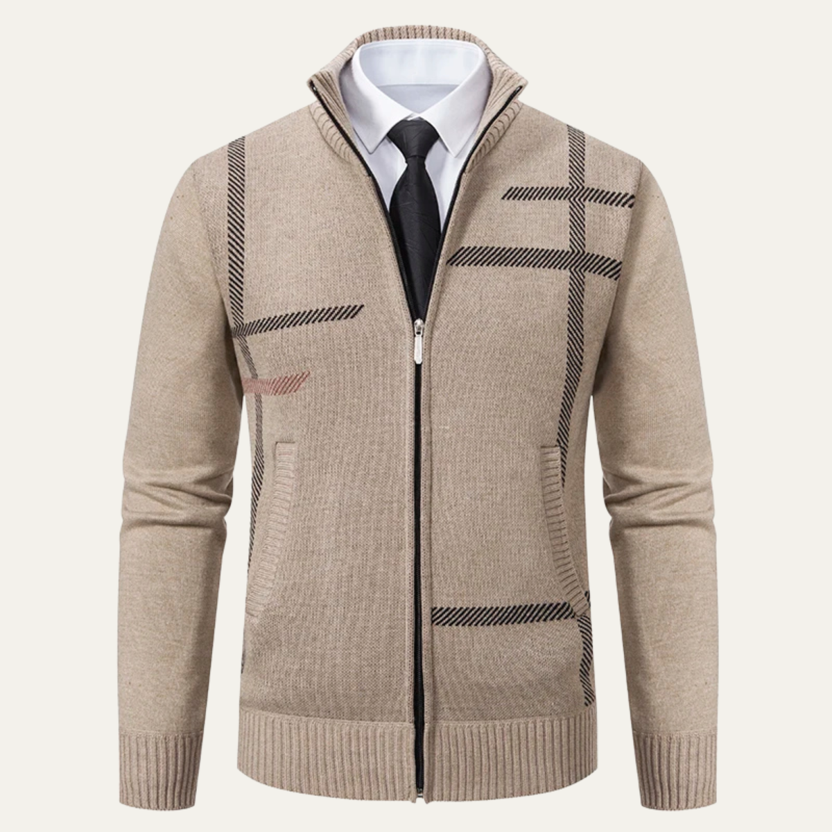 Beau | Men's Full Zip Cardigan Gray Plaid