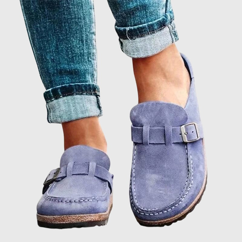 Maeve | Women's Suede Loafer Clog Mule Beige Buckle Detail