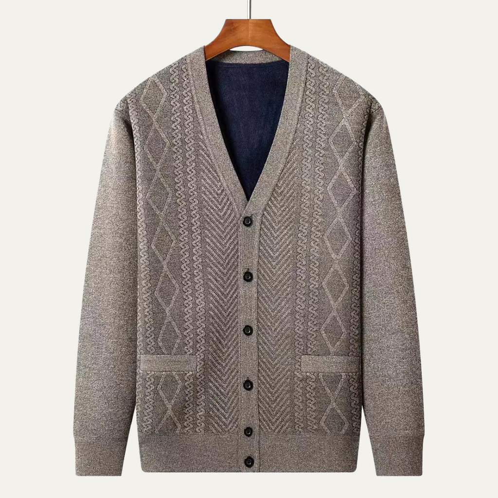 Dama Washington Wyatt men's cable knit cardigan cream button up - front view