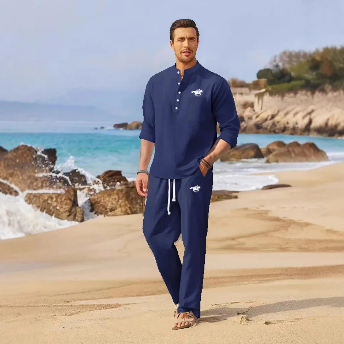 Eli | Men's Linen Set Cream Henley Shirt And Pants