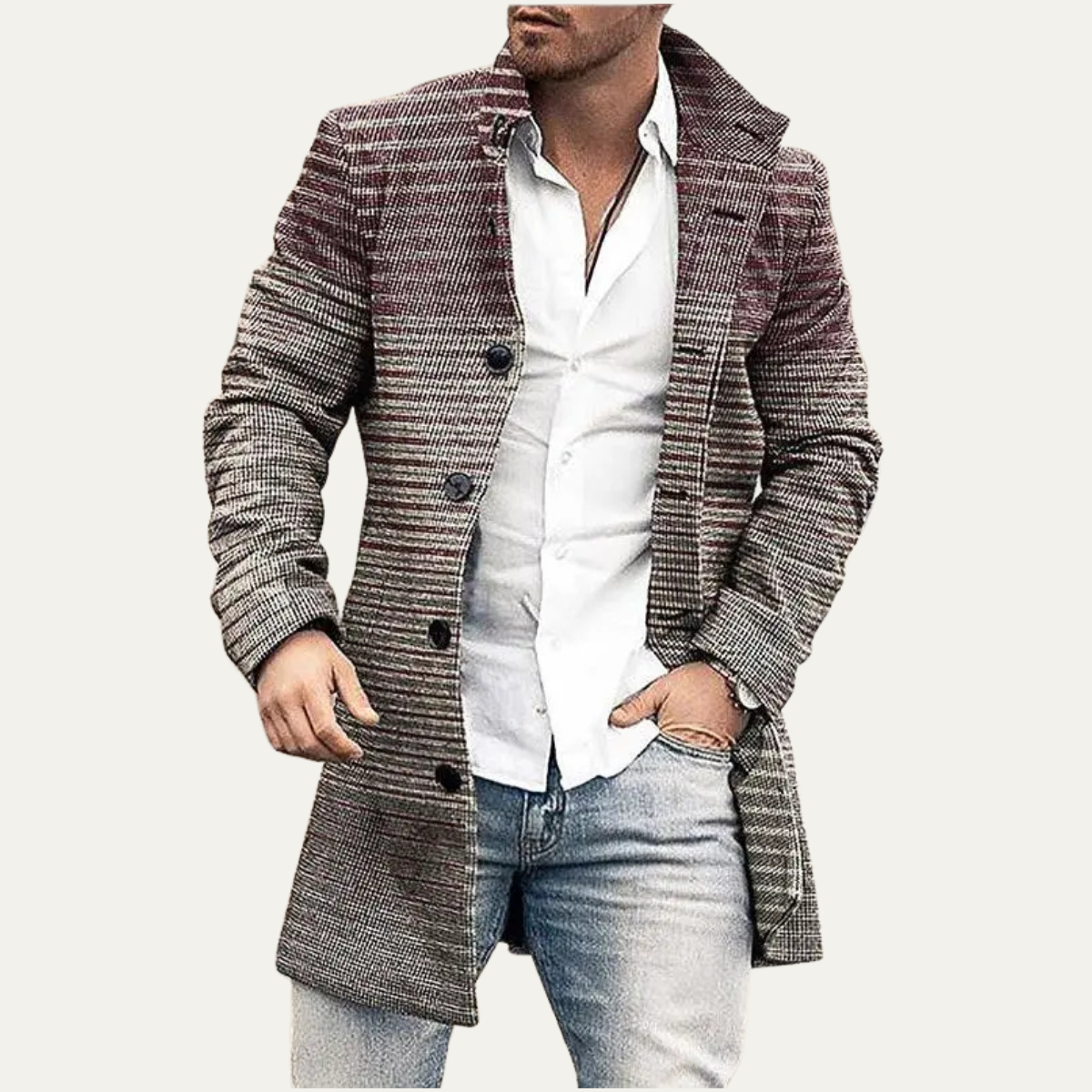 Bram | Men's Houndstooth Patchwork Coat Red And Cream
