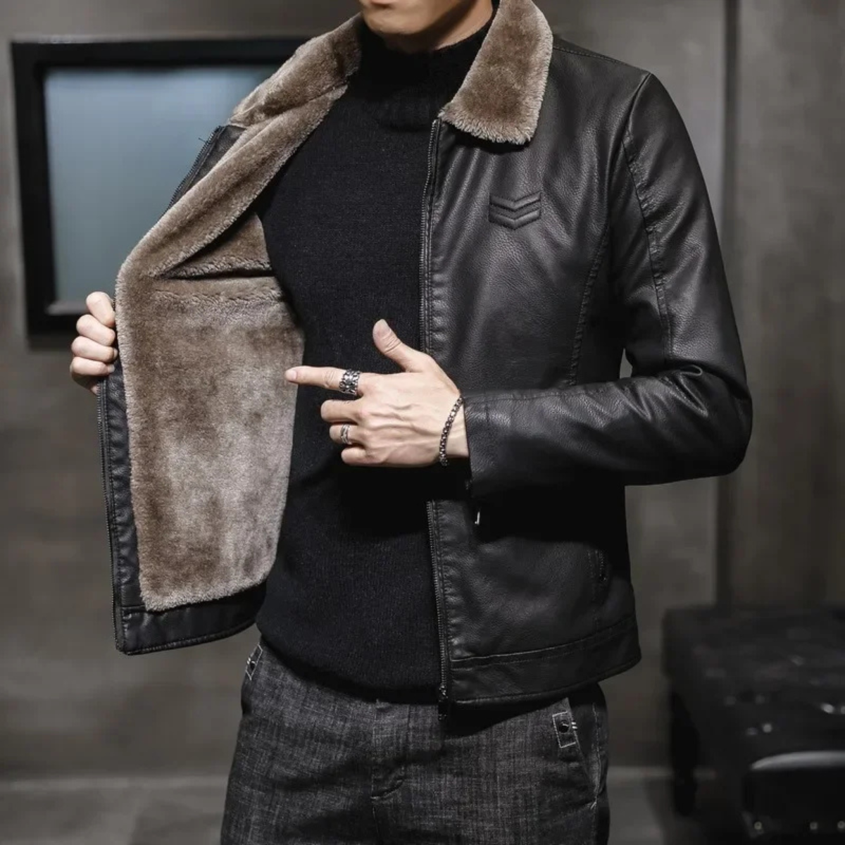 Ezra | Men's Sherpa Lined Leather Jacket Black