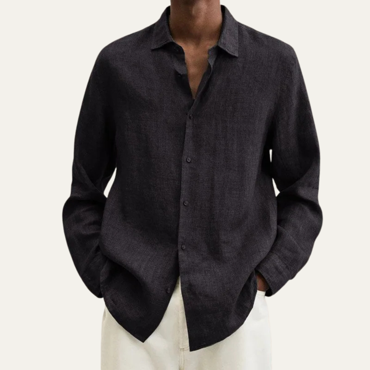 Jude | Men's Casual Linen Button Up Shirt Cream Long Sleeve