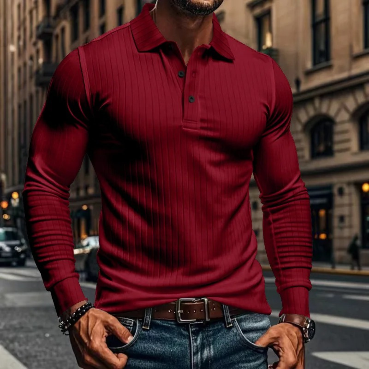 Soren | Men's Ribbed Polo Shirt Black Long Sleeve