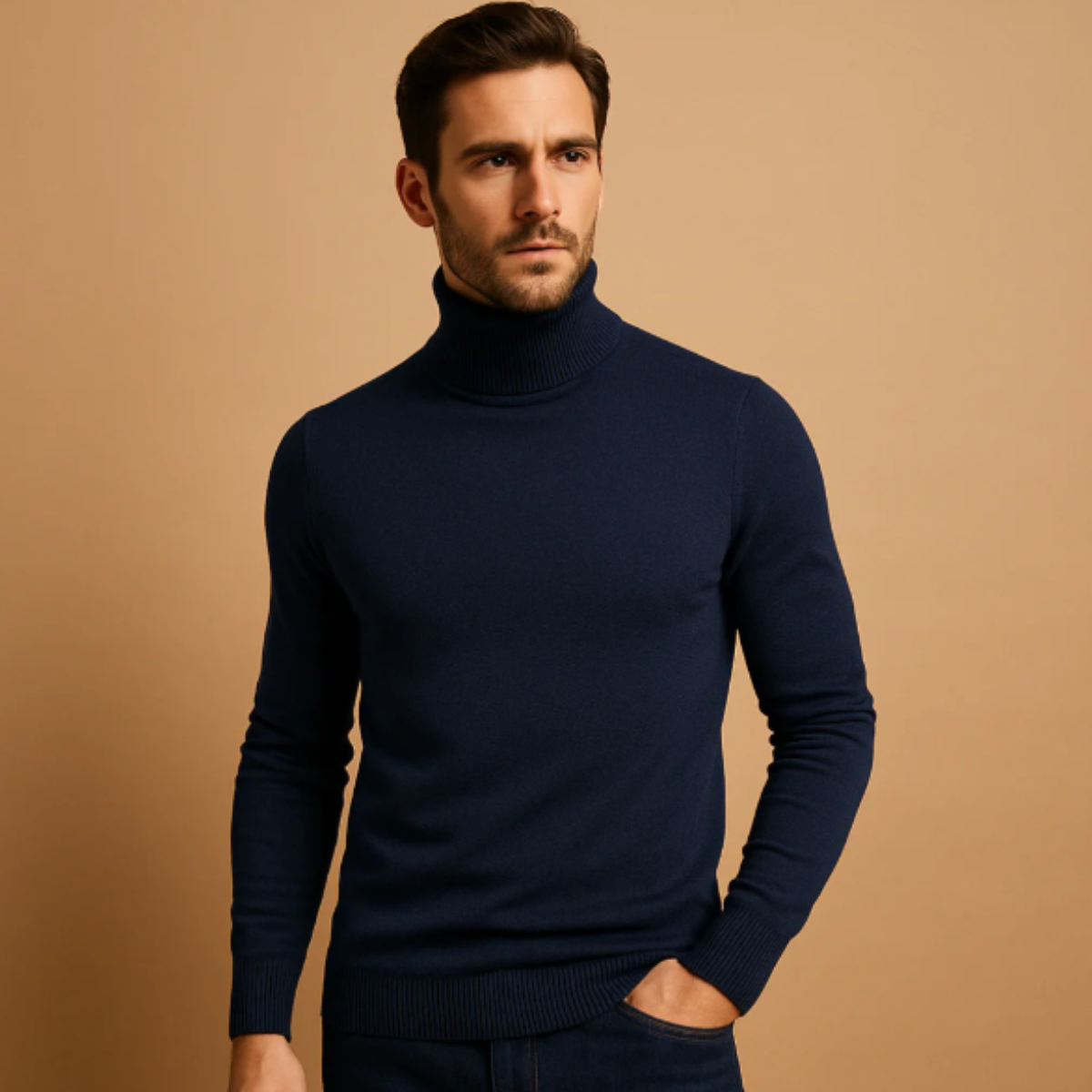 Rhys | Men's Turtleneck Sweater Brown Crew Neck Long Sleeve