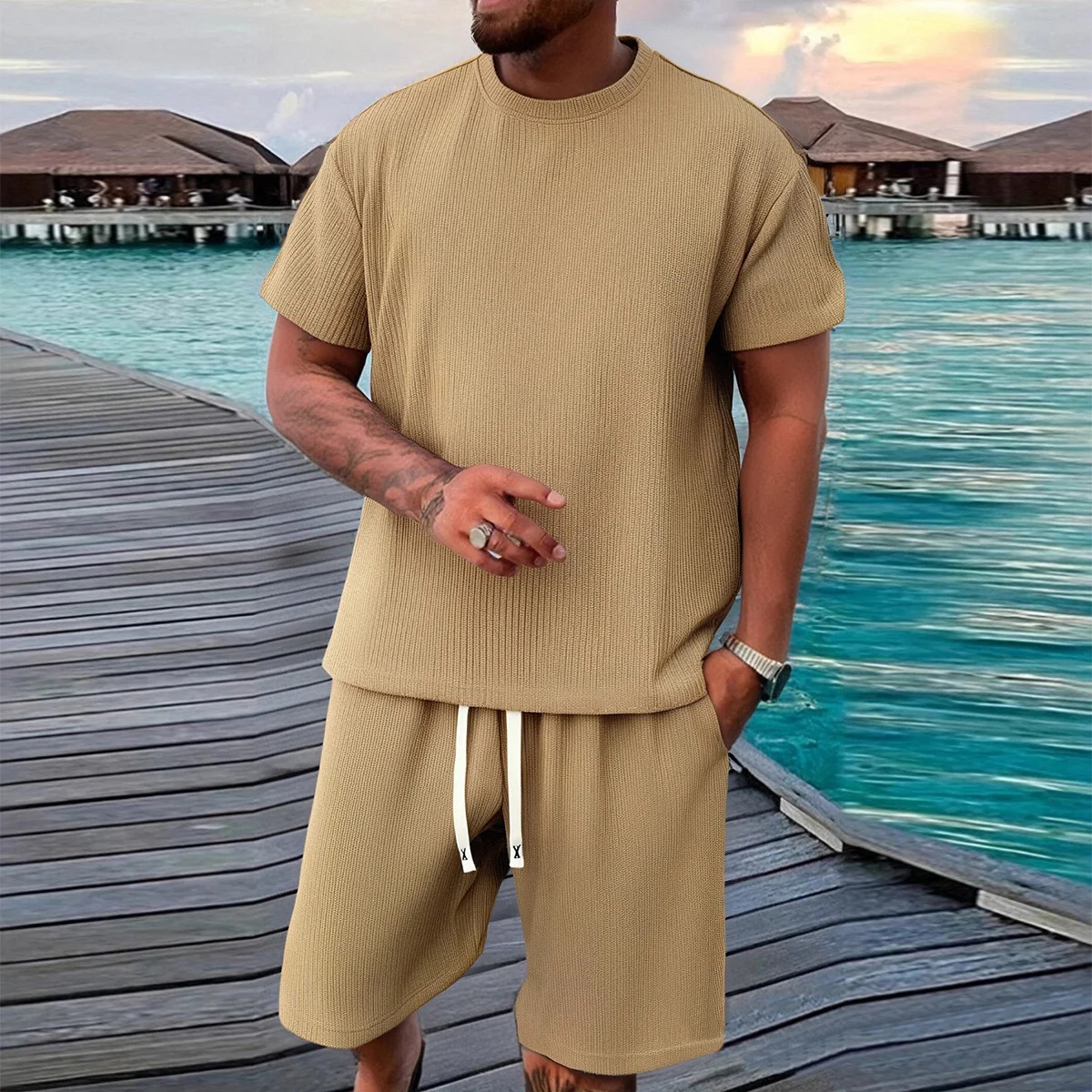 Kade | Men's Sweatsuit Cream Ribbed Knit Short Sleeve