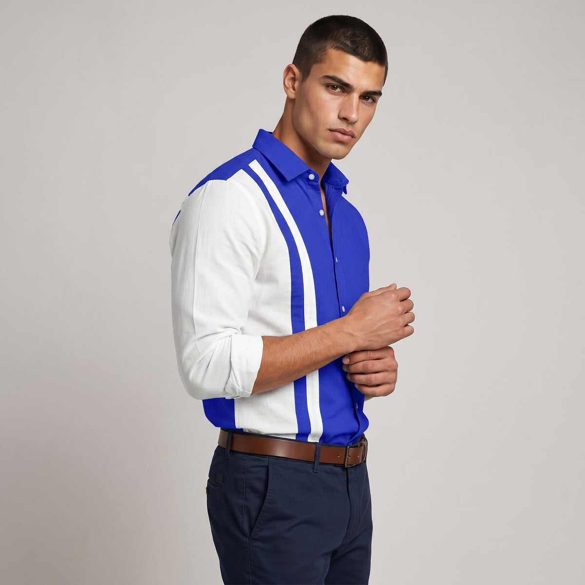 Dama Washington Axel men's casual color block striped button up shirt blue white - model front view