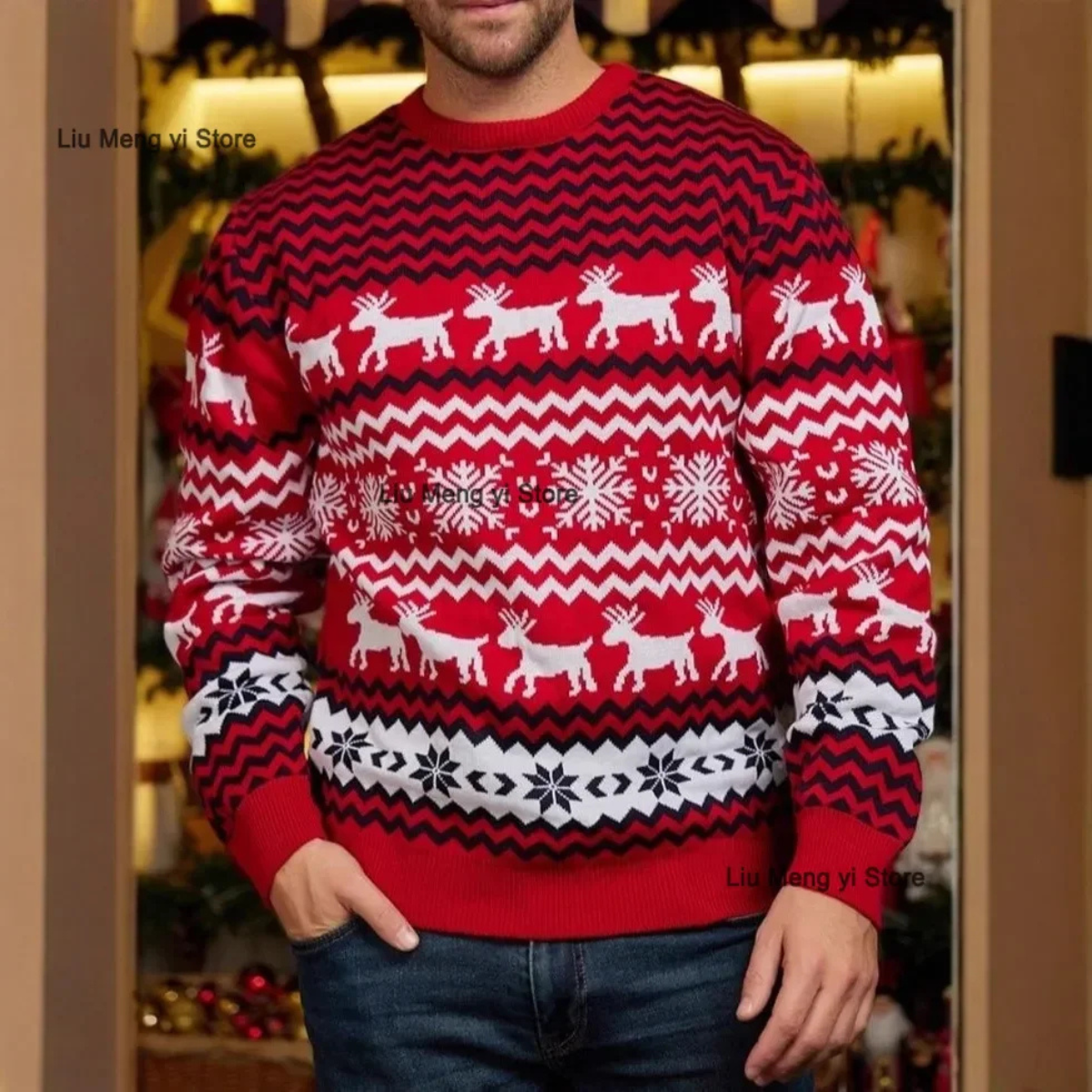 Ash | Men's Crew Neck Sweater Red Reindeer Snowflake Pattern