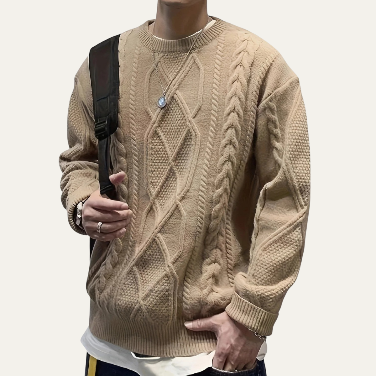 Axel | Men's Cable Knit Sweater Cream Crew Neck Chunky