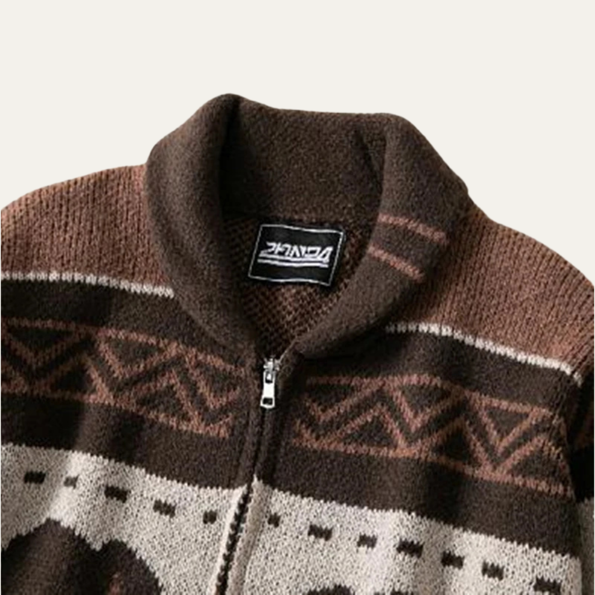 Beau | Men's Vintage Buffalo Cardigan Brown Cream Geometric Pattern