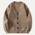Dama Washington Axel men's cardigan beige button up v neck with stitch detail - front view