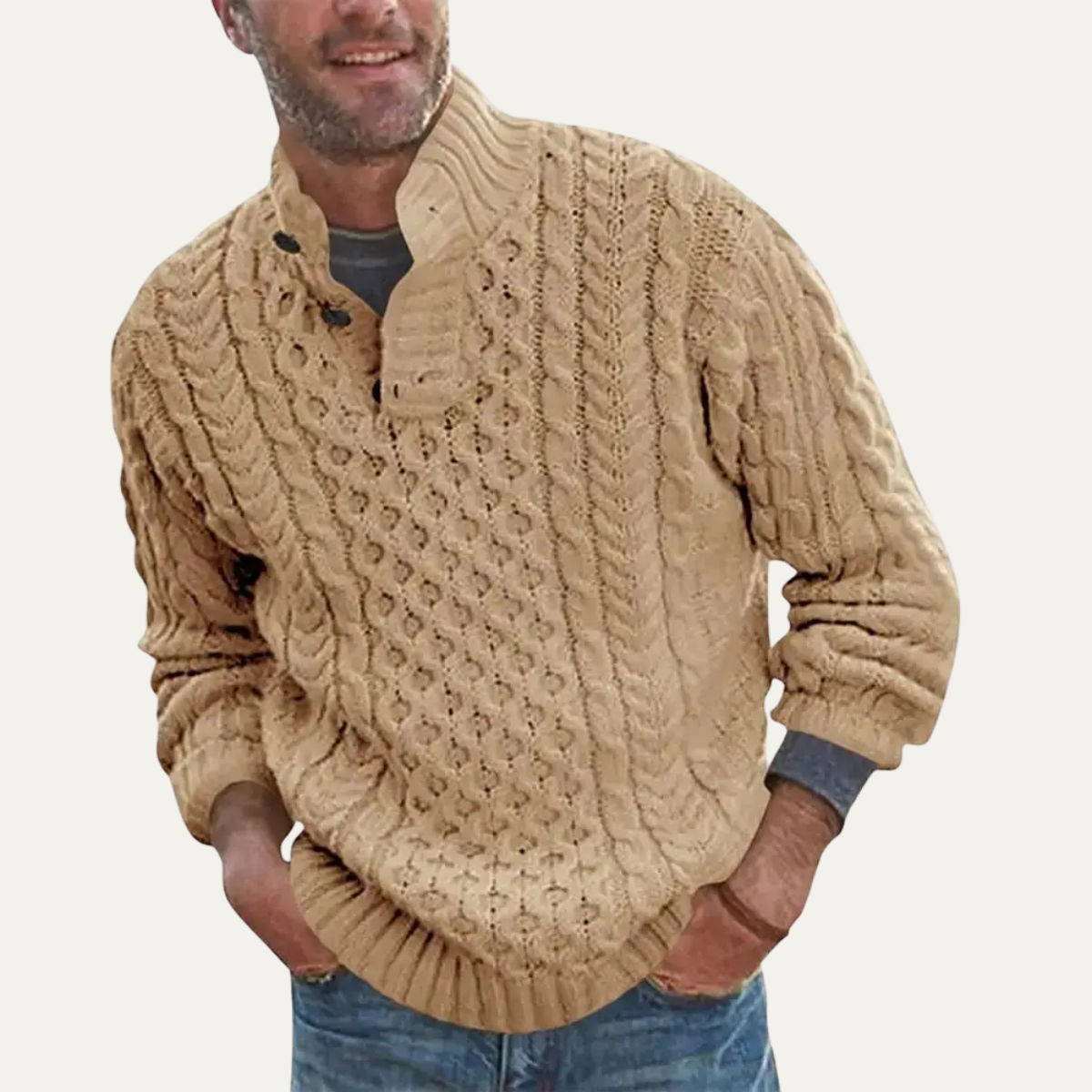 Beau | Men's Cable Knit Sweater Cream Quarter Zip Button Neck