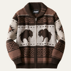 Dama Washington Beau men's vintage buffalo cardigan brown cream geometric pattern - front view