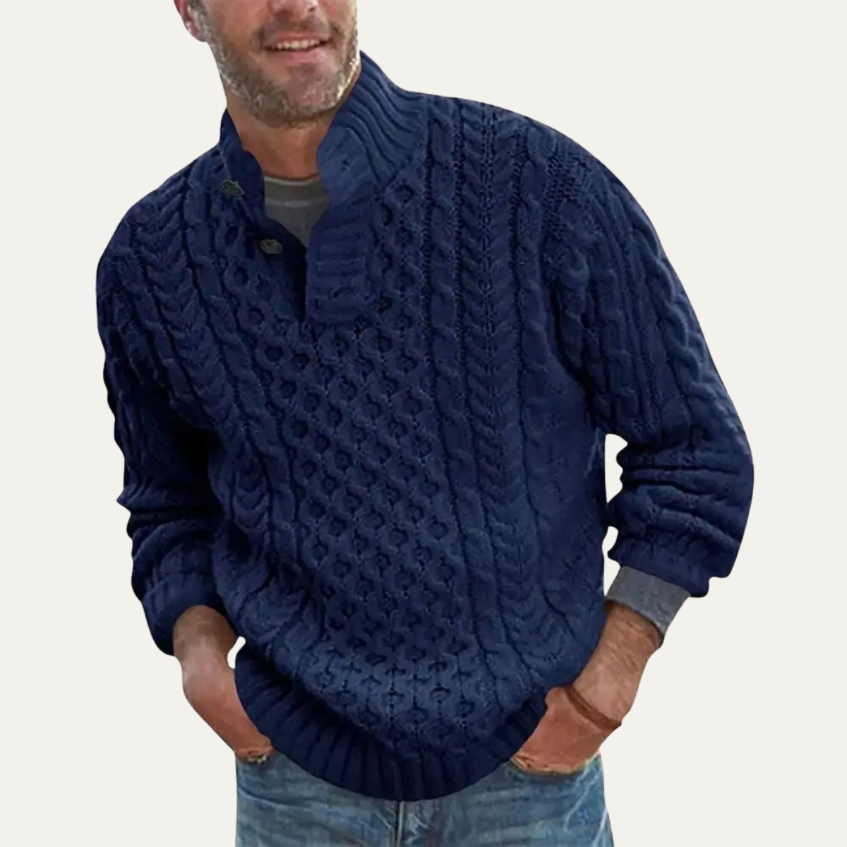 Beau | Men's Cable Knit Sweater Cream Quarter Zip Button Neck