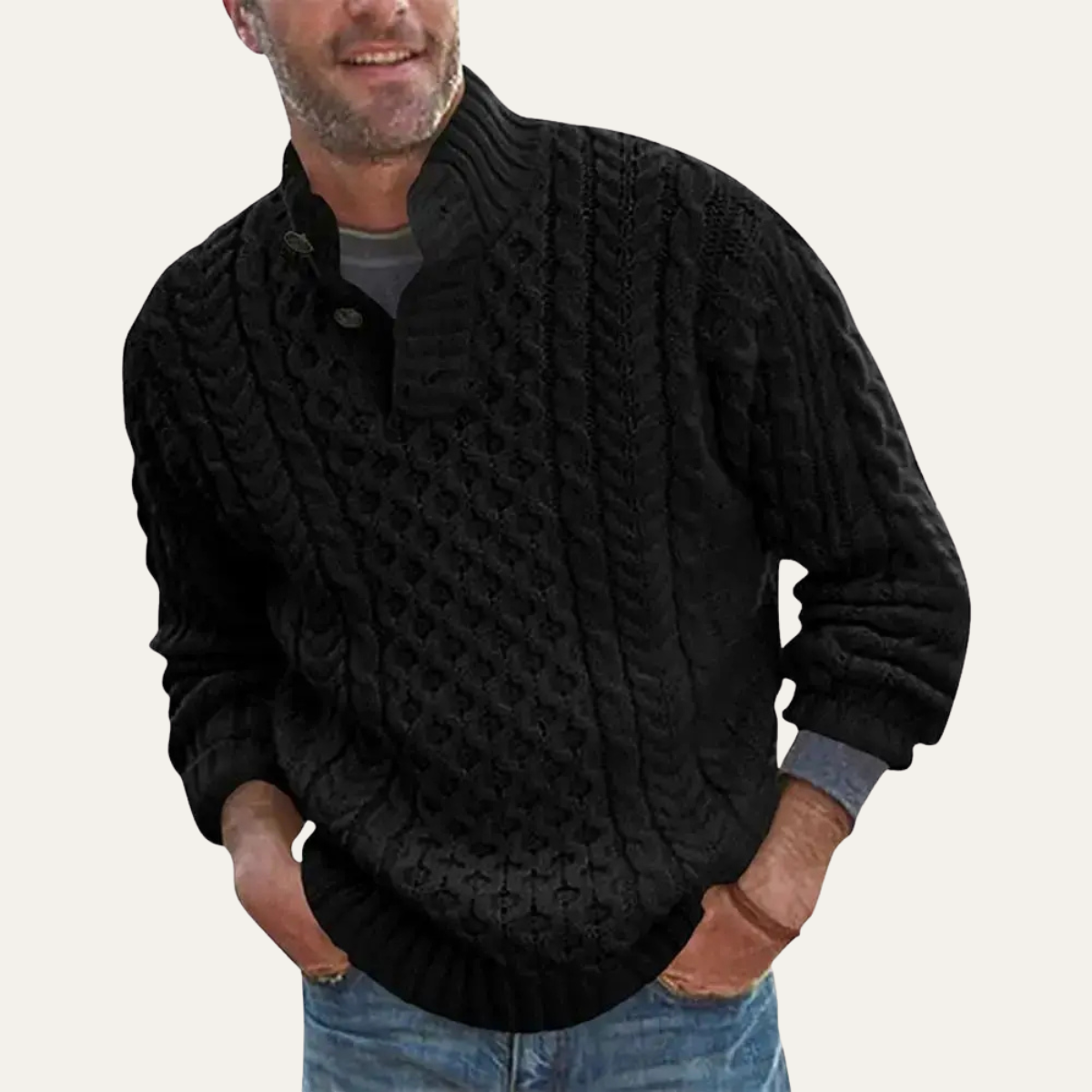 Beau | Men's Cable Knit Sweater Cream Quarter Zip Button Neck