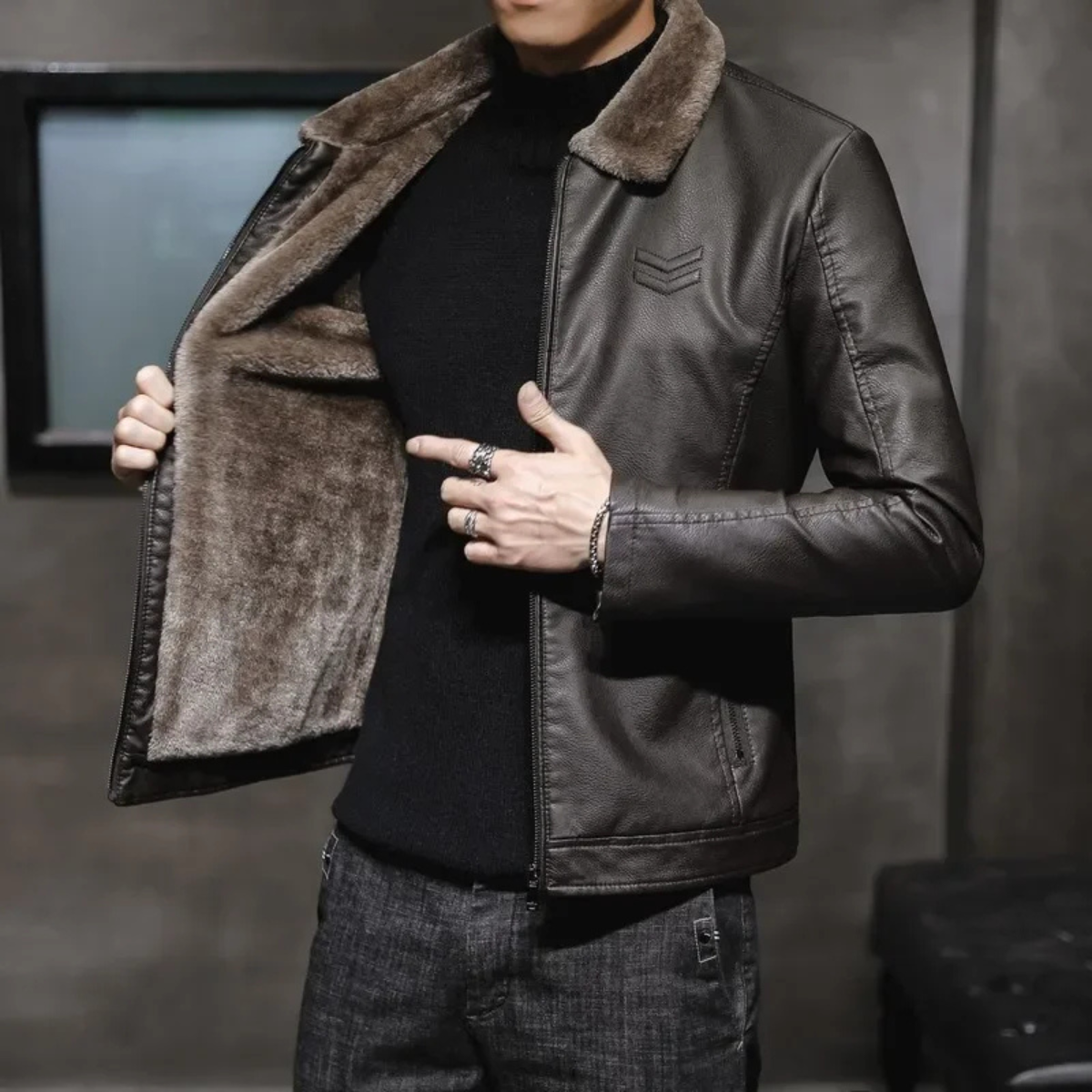 Ezra | Men's Sherpa Lined Leather Jacket Black