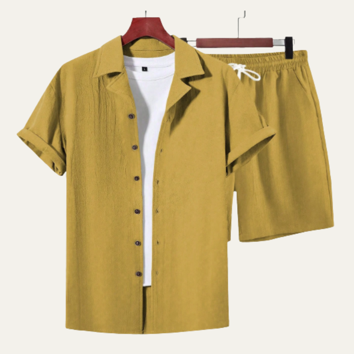 Lars | Men's Casual Button Up Short Sleeve Shirt Shorts Set Gold