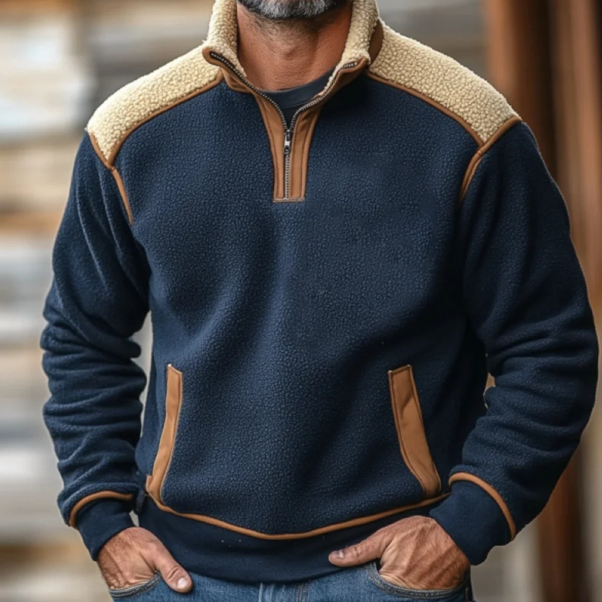 Luca | Men's Quarter Zip Fleece Sweater Navy Cream Sherpa Collar
