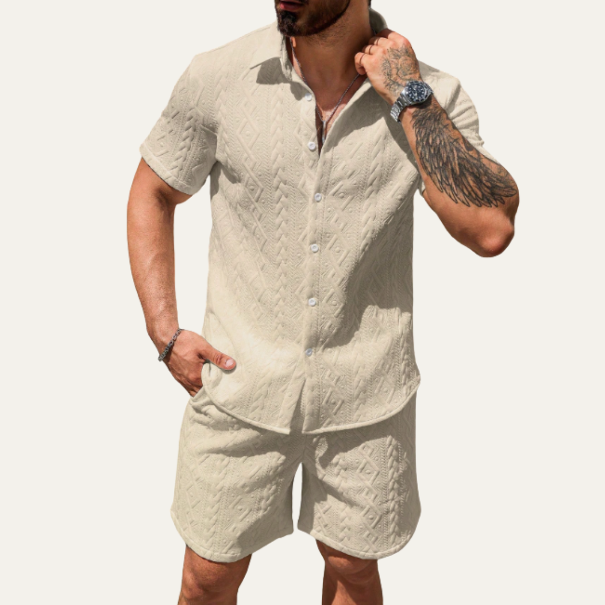 Kai | Men's Textured Cable Knit Sweatsuit Cream Short Sleeve