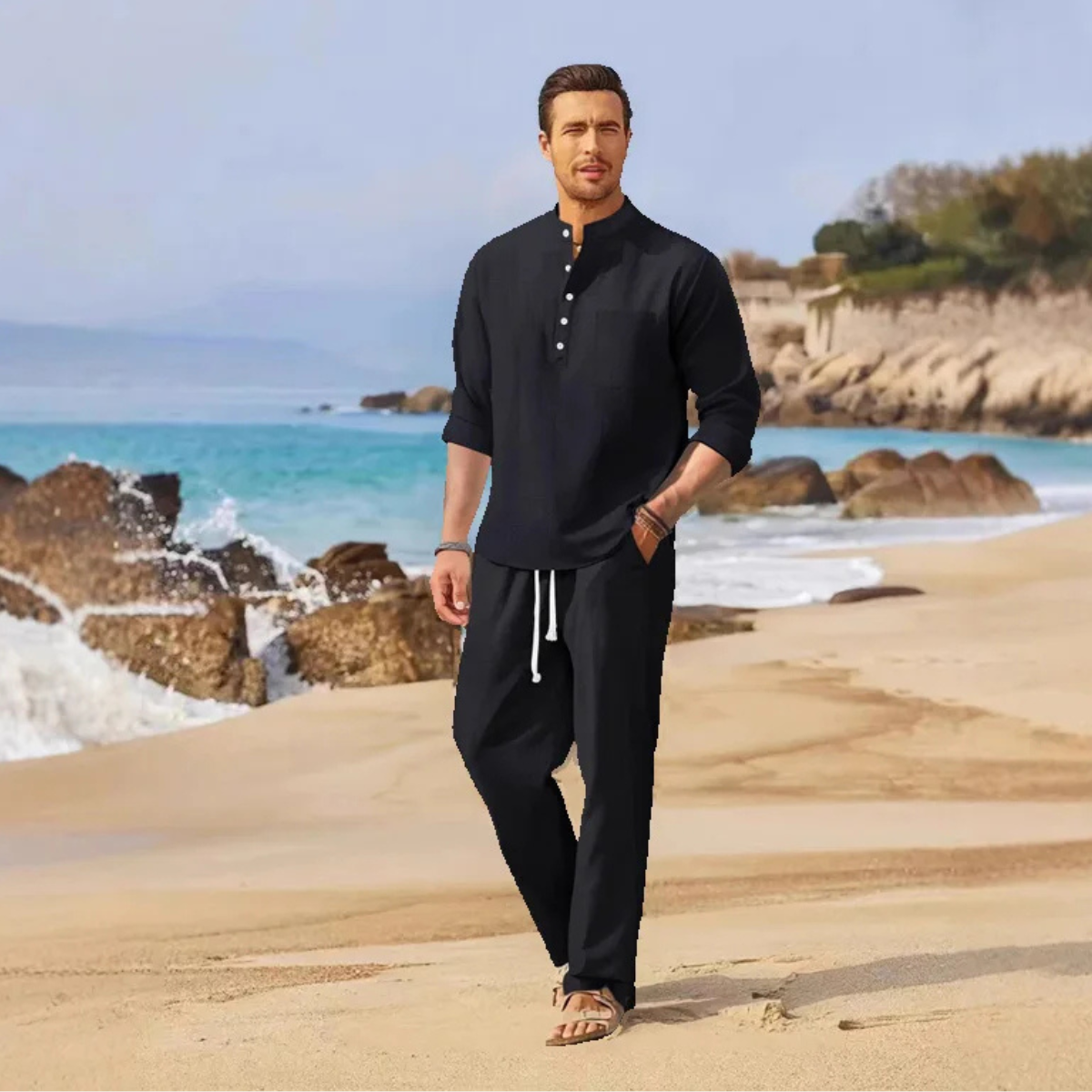 Eli | Men's Linen Set Cream Henley Shirt And Pants