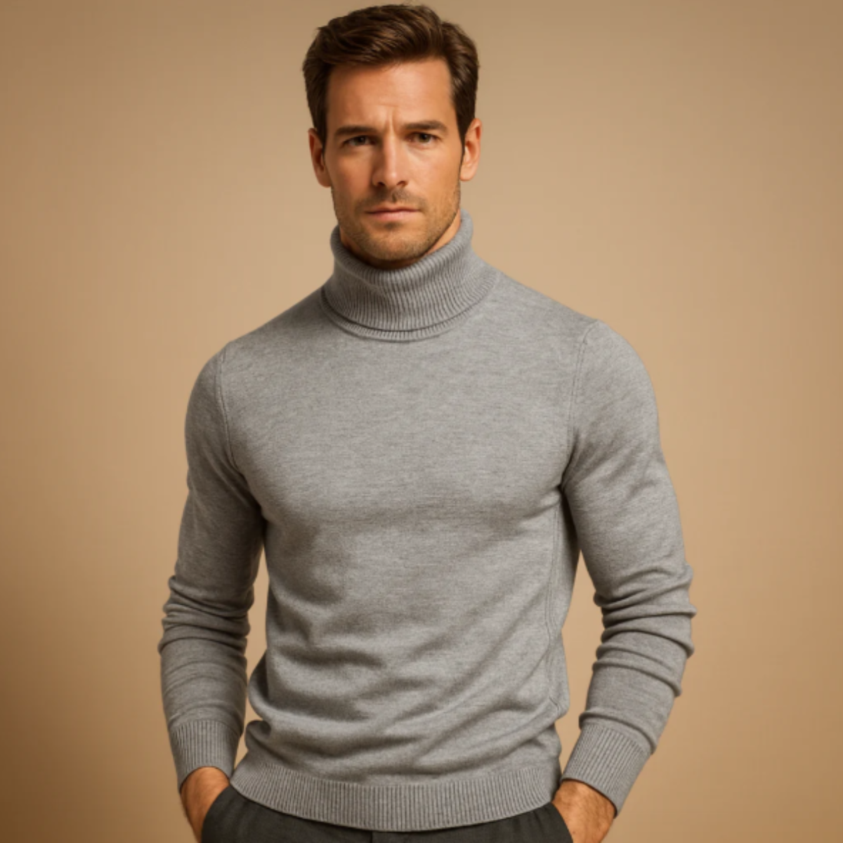 Rhys | Men's Turtleneck Sweater Brown Crew Neck Long Sleeve