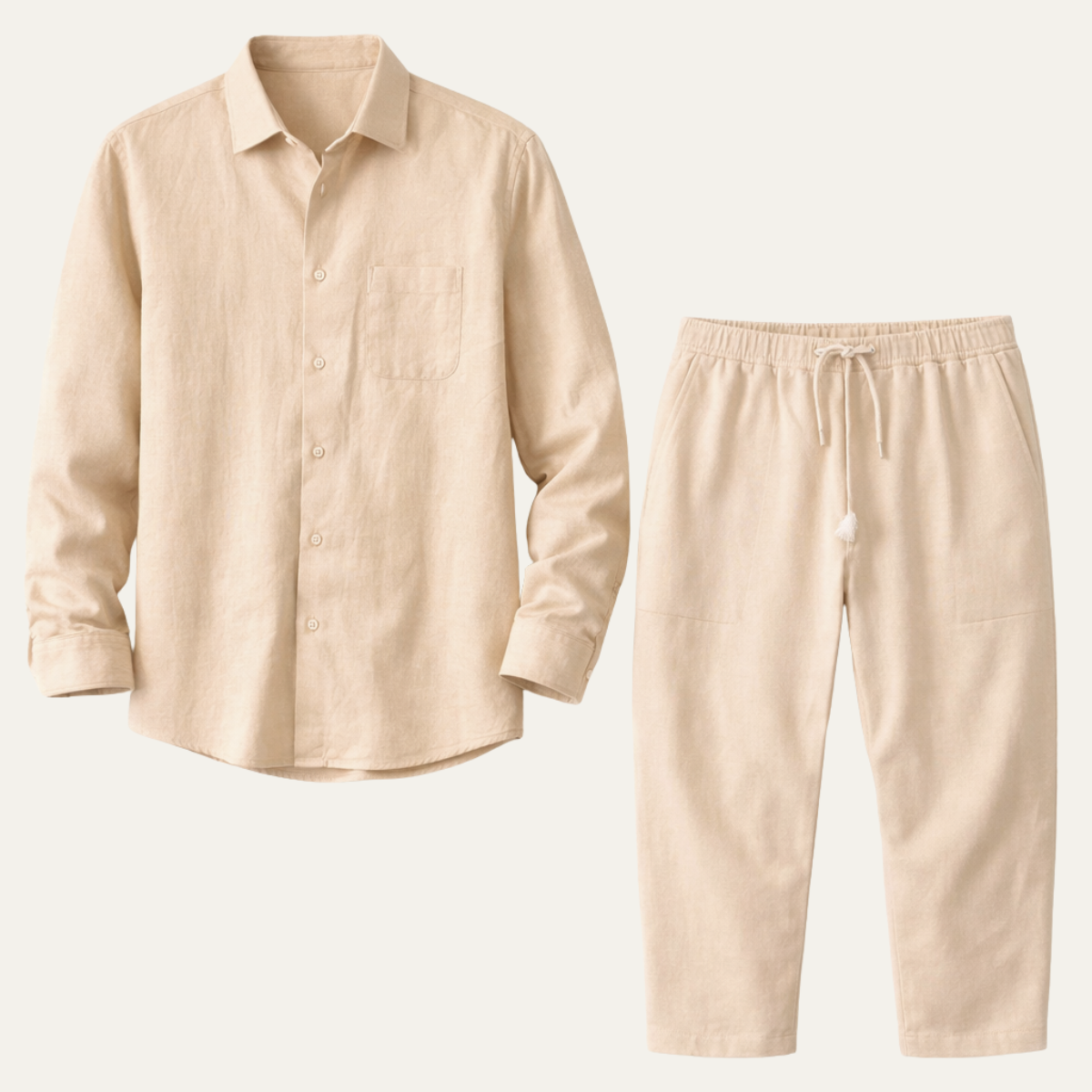 Ivo | Men's Lounge Set Cream Button Up Shirt Drawstring Pants