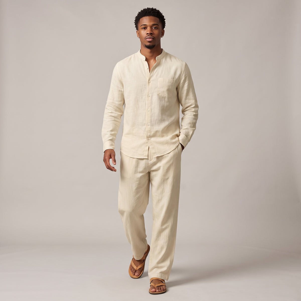 Dama Washington Sage men's linen lounge set cream - model front view