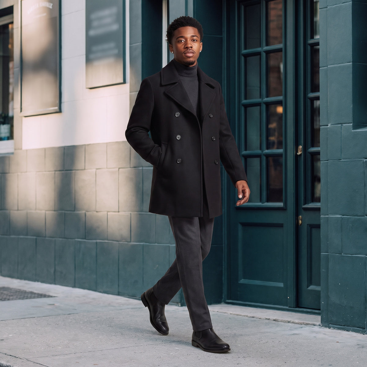 Dama Washington Brent double breasted wool pea coat Black - lifestyle street