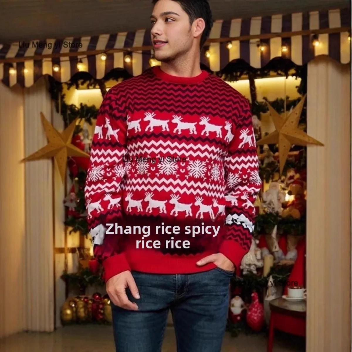 Ash | Men's Crew Neck Sweater Red Reindeer Snowflake Pattern