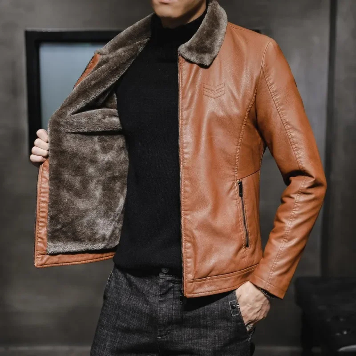 Ezra | Men's Sherpa Lined Leather Jacket Black