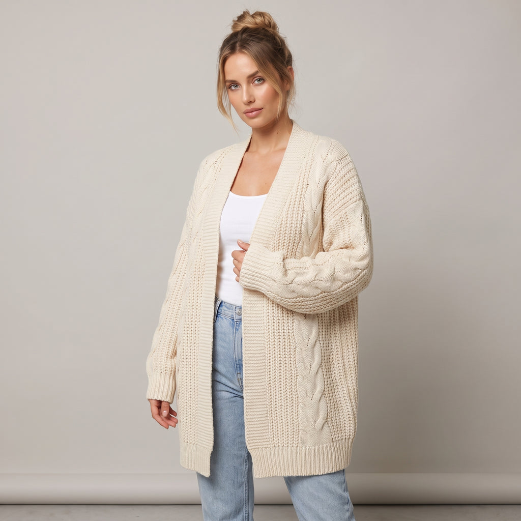 Dama Washington Demi women's oversized cable knit long cardigan cream - model front view