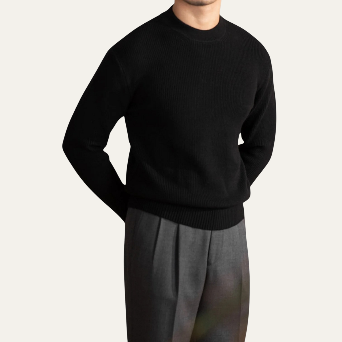 Beau | Men's Crew Neck Sweater Beige Ribbed Knit