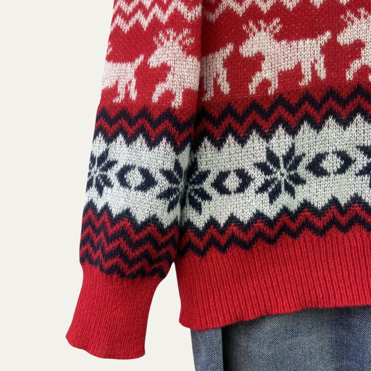Ash | Men's Crew Neck Sweater Red Reindeer Snowflake Pattern